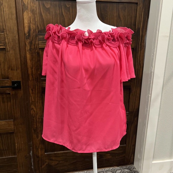 Vine And Love Women’s Top Small Hot Pink Leather Sleeve Ruffle off the shoulders - Picture 1 of 12